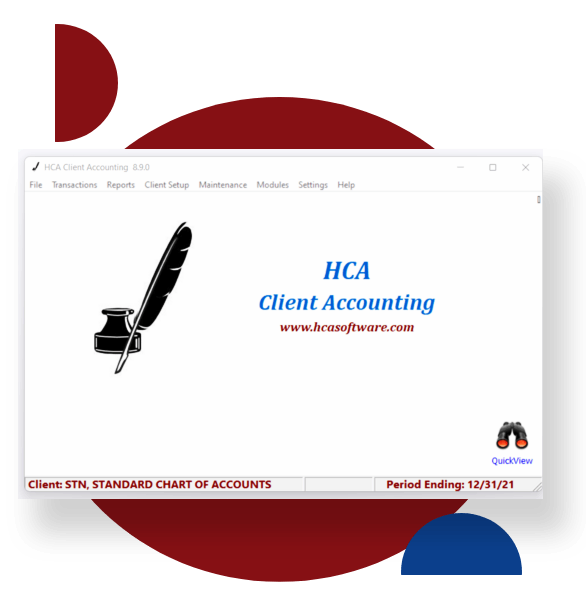 A black quill and ink bottle and the text “HCA Client Accounting” in blue font