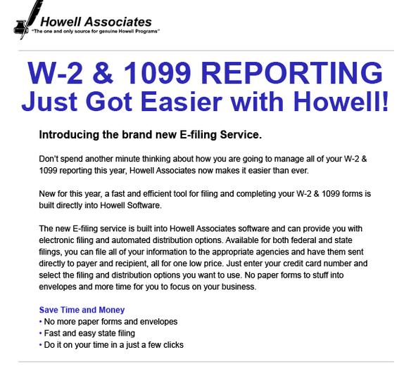 A email from howell associates with the text " w-2 & 1 0 9 9 reporting just got easier with howell ".